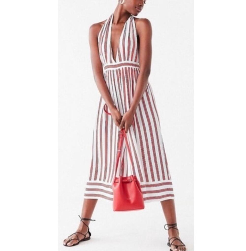 URBAN OUTFITTERS Raven Halter Striped Jumpsuit Wide Leg Crop White Red Womens M